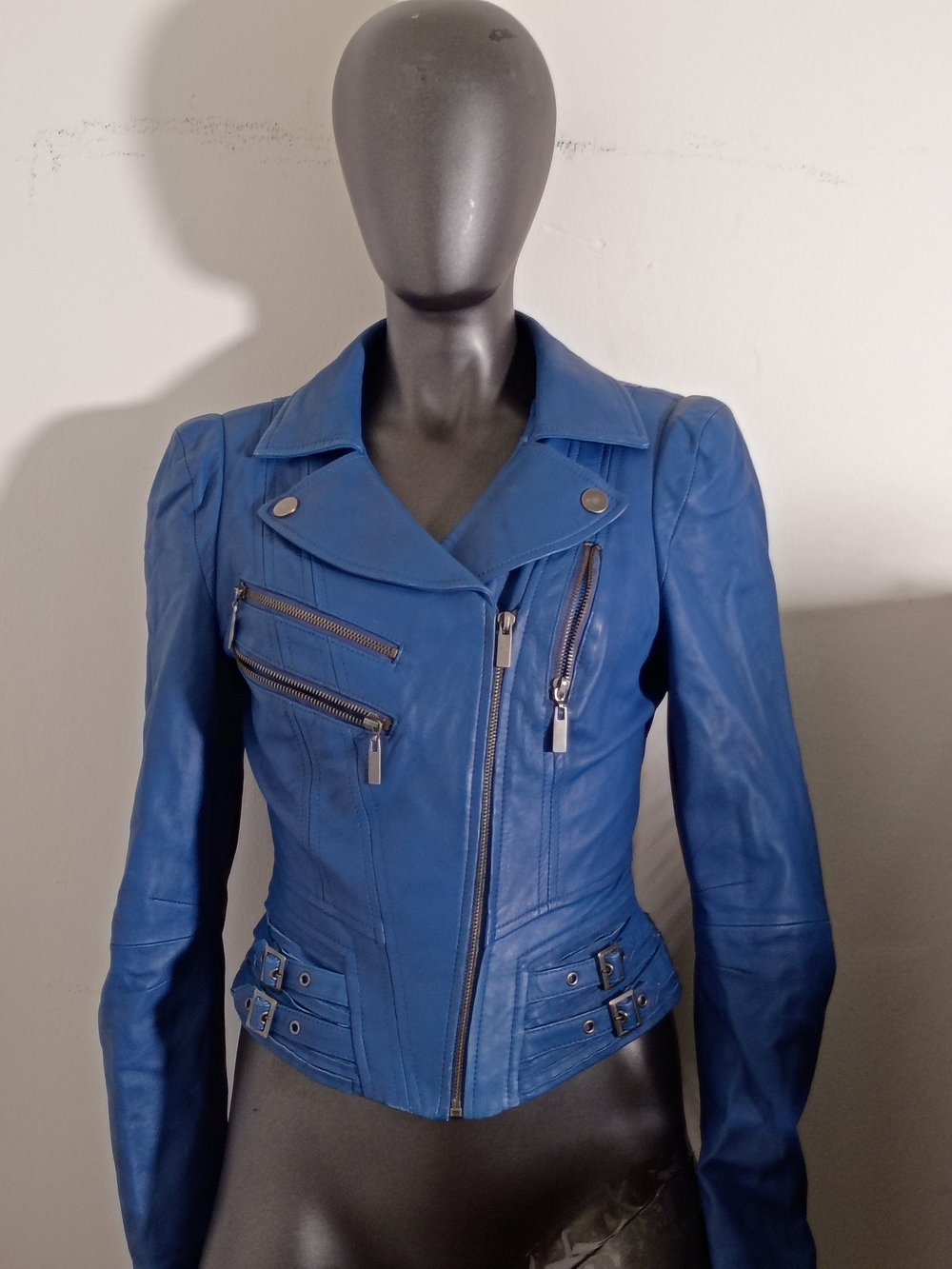 bebe Blue Leather Asymmetrical Moto Jacket